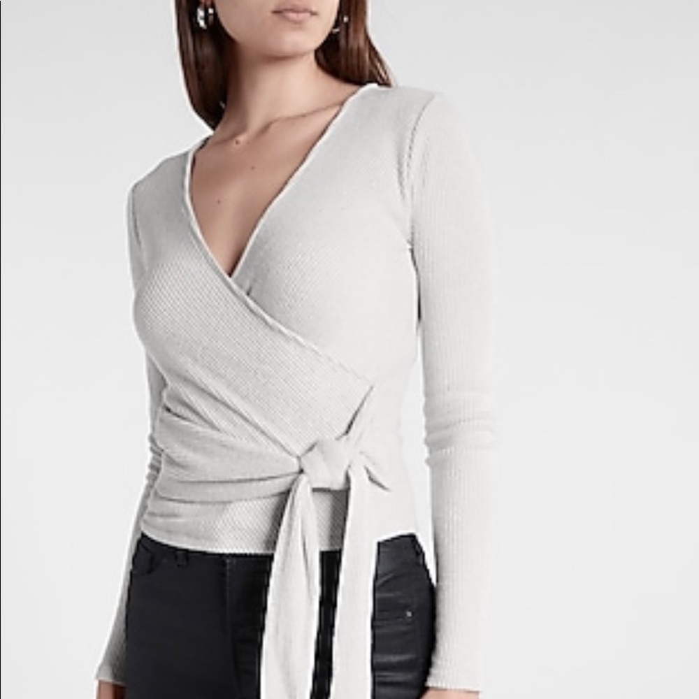 Ribbed Faux Wrap Tie Waist Long Sleeve Top